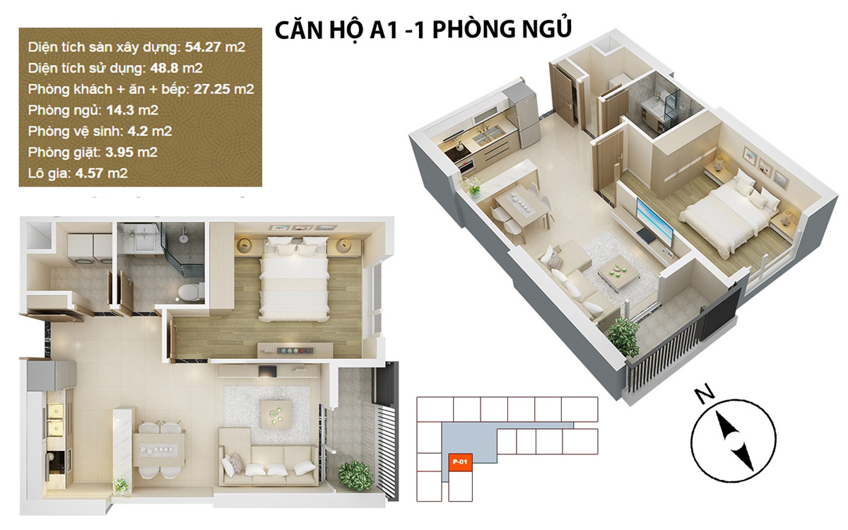 thiết kế căn hộ A1 - 1 phòng ngủ chung cư mỹ đình pearl