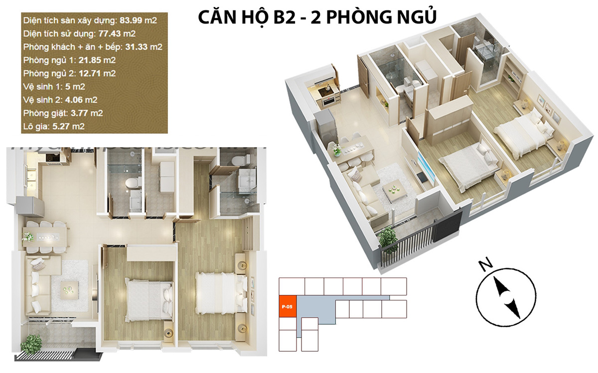 thiết kế căn hộ B2 - 2 phòng ngủ chung cư mỹ đình pearl