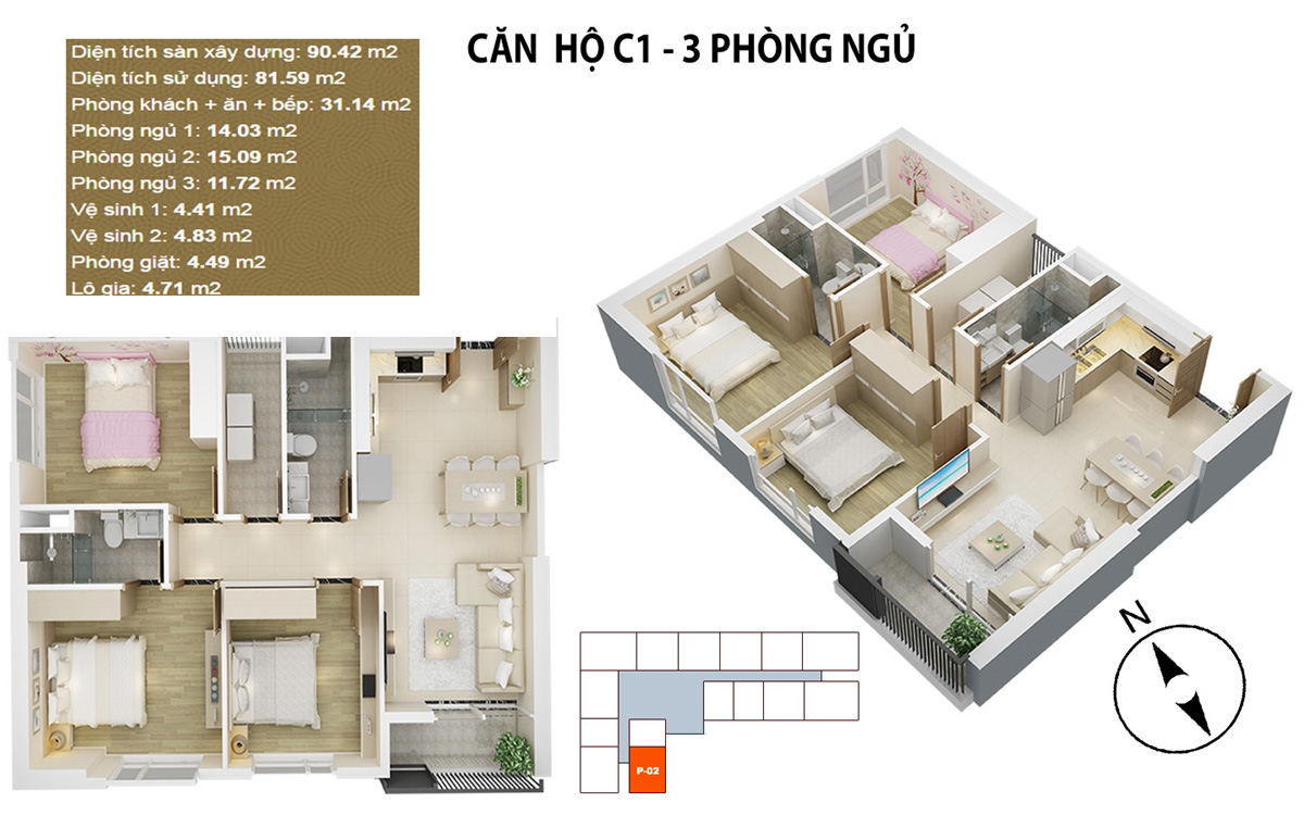 thiết kế căn hộ C1 - 3 phòng ngủ chung cư mỹ đình pearl