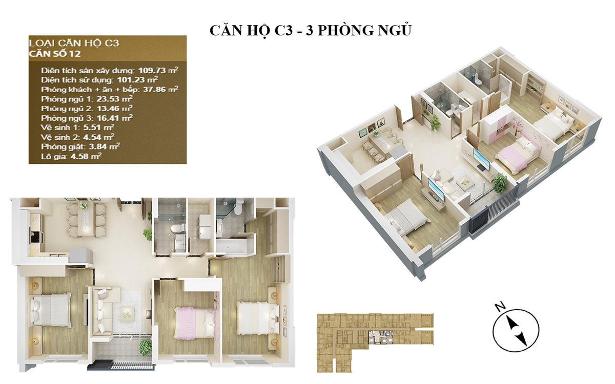 thiết kế căn hộ C3 - 3 phòng ngủ chung cư mỹ đình pearl