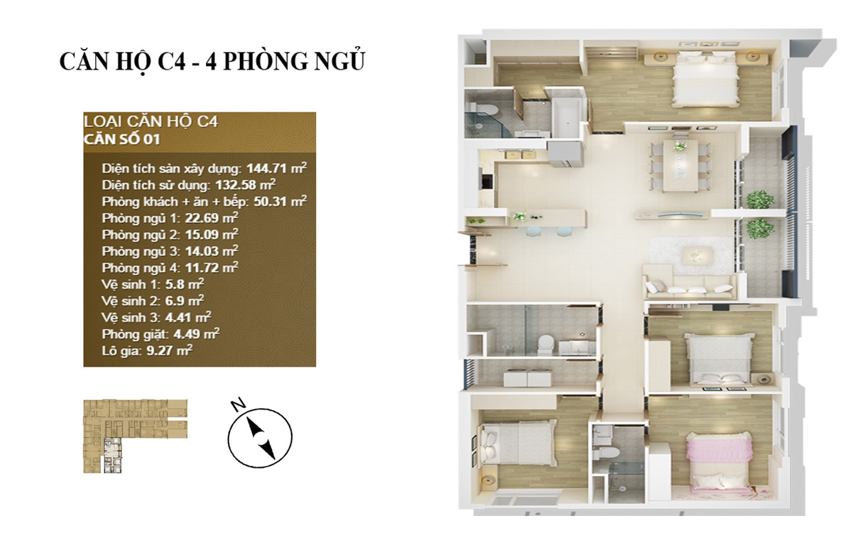 thiết kế căn hộ C4 - 4 phòng ngủ chung cư mỹ đình pearl