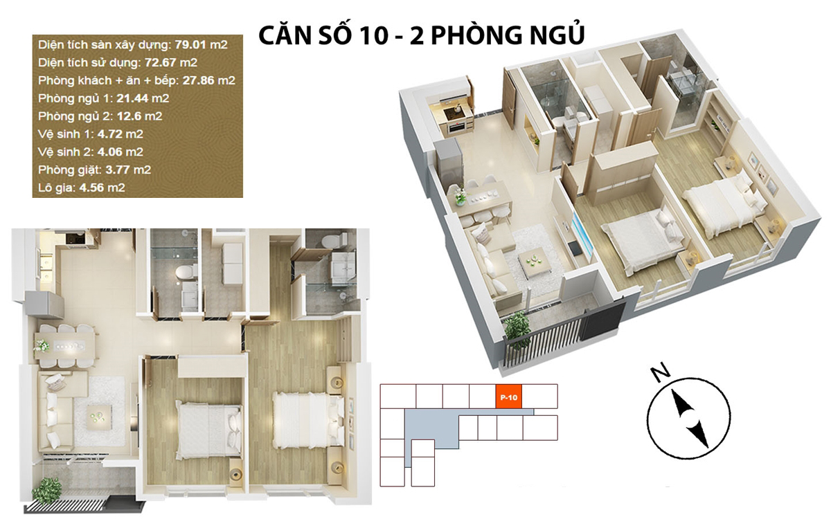 Căn hộ điển hình căn 10 - 2 PN chung cư Mỹ Đình Pearl