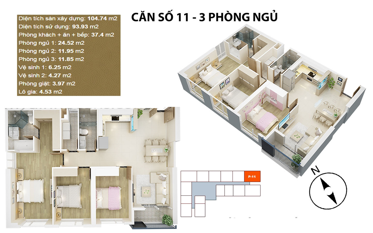 Căn hộ điển hình căn 11 - 3 PN chung cư Mỹ Đình Pearl