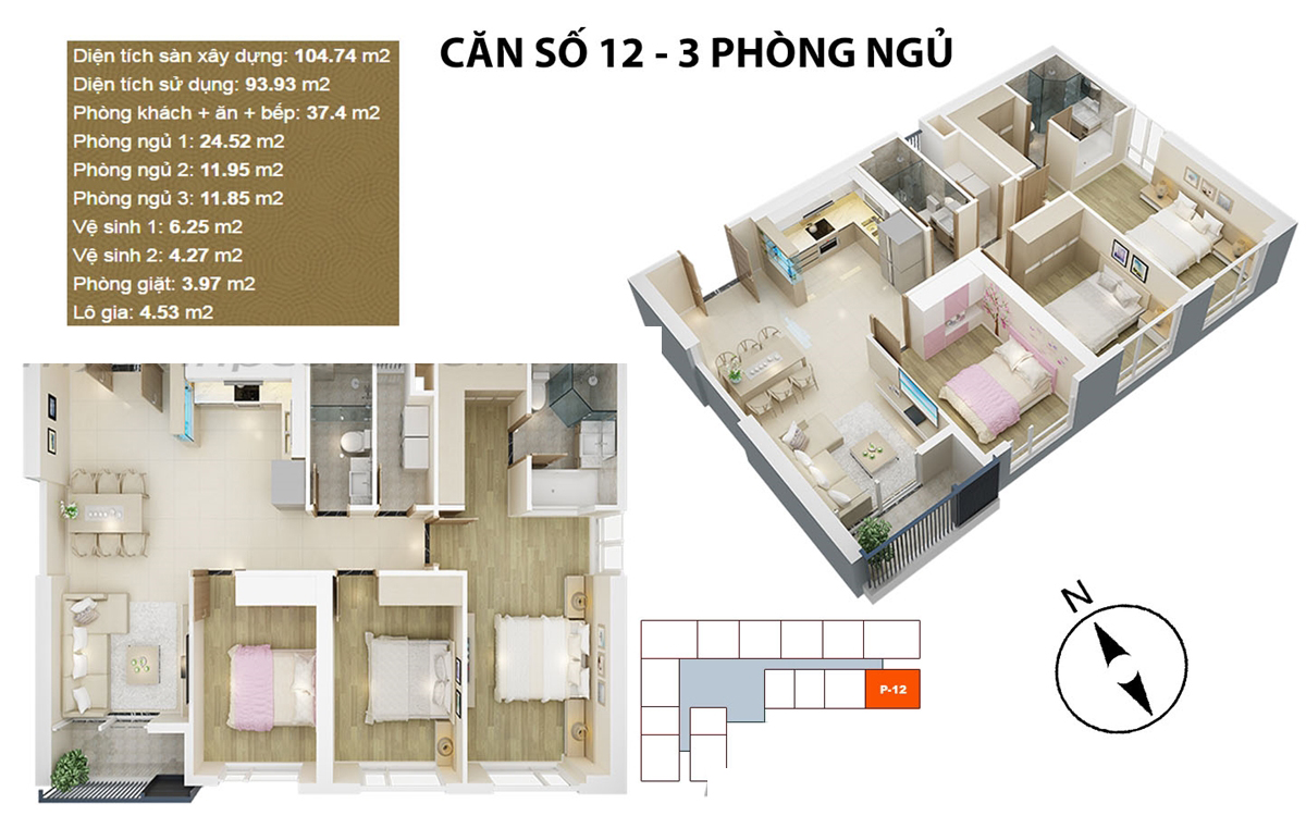Căn hộ điển hình căn 12 - 3 PN chung cư Mỹ Đình Pearl