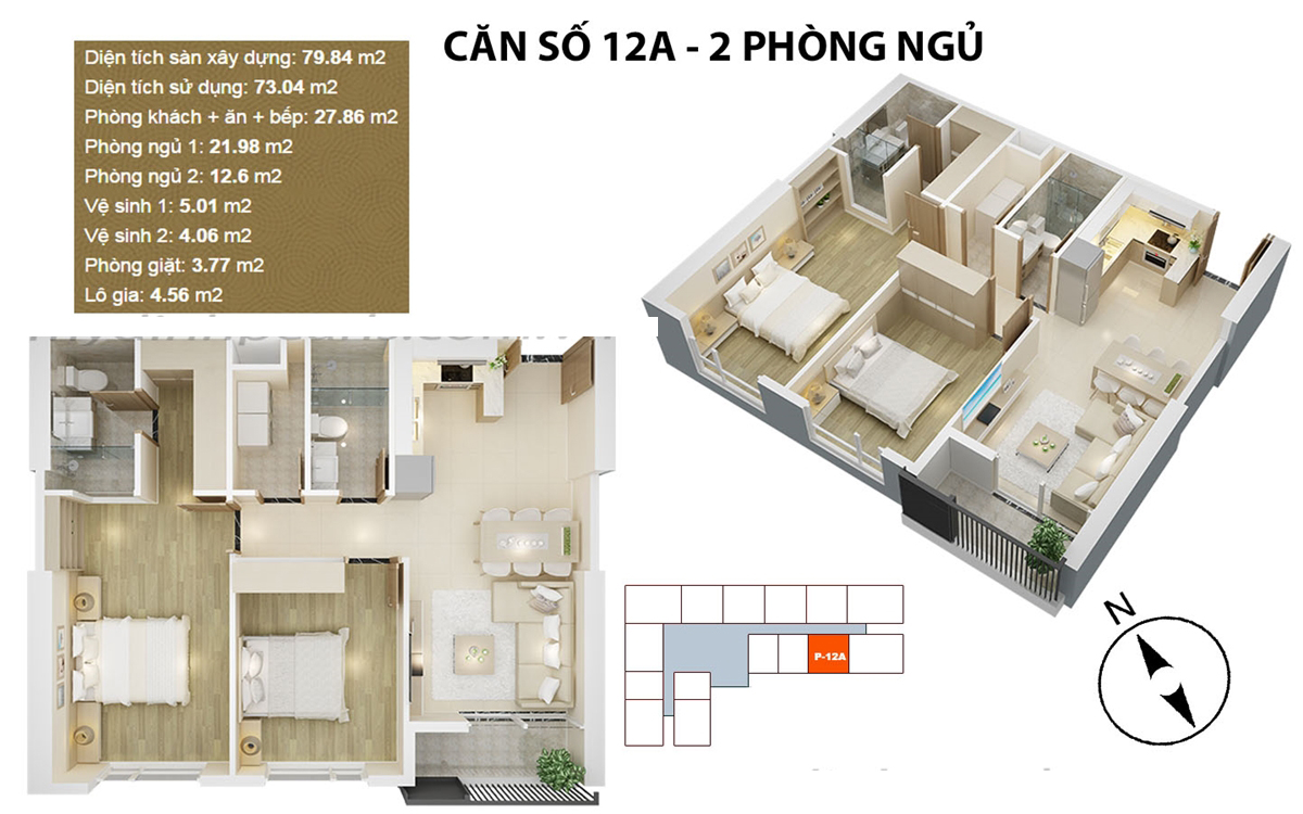 Căn hộ điển hình căn 12a - 2 PN chung cư Mỹ Đình Pearl