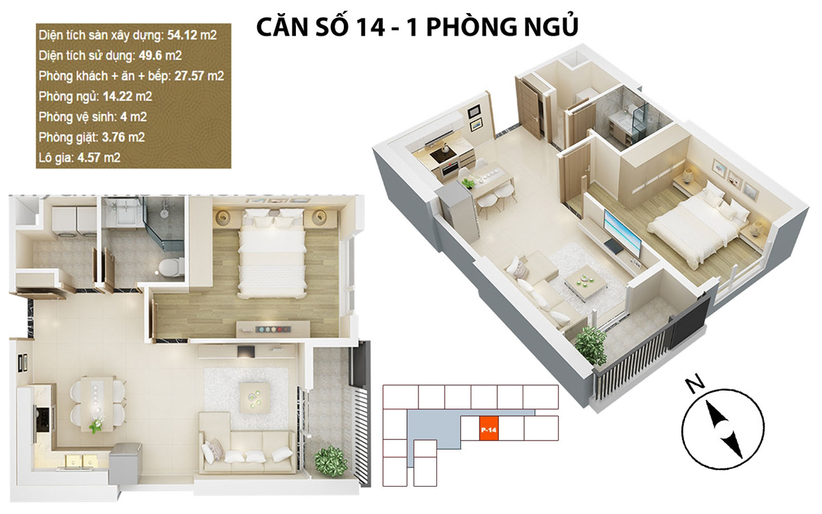 Căn hộ điển hình căn 14 - 1 PN chung cư Mỹ Đình Pearl