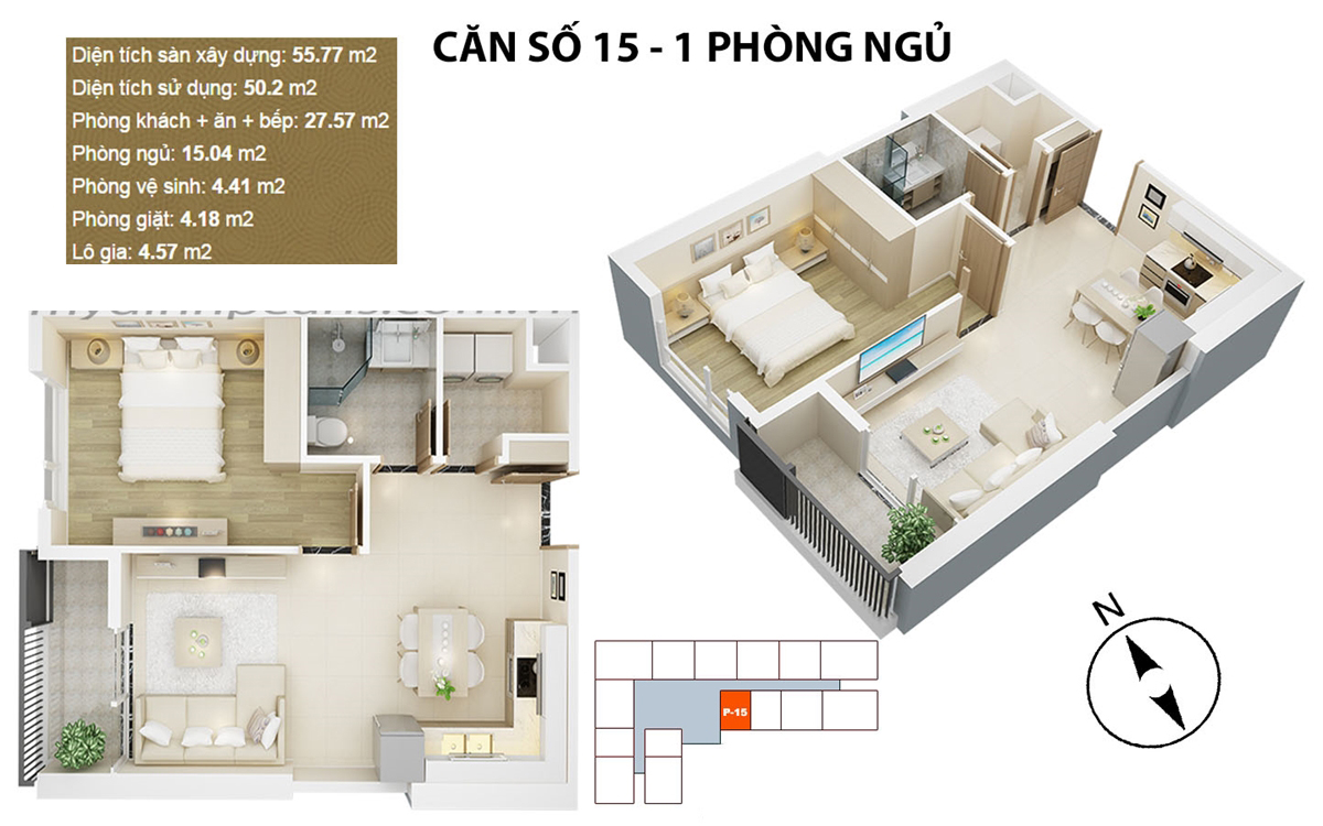 Căn hộ điển hình căn 15 - 1 PN chung cư Mỹ Đình Pearl