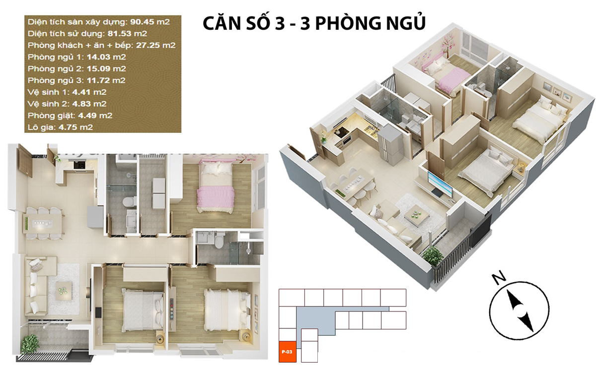 Căn hộ điển hình căn 3 - 3 PN chung cư Mỹ Đình Pearl