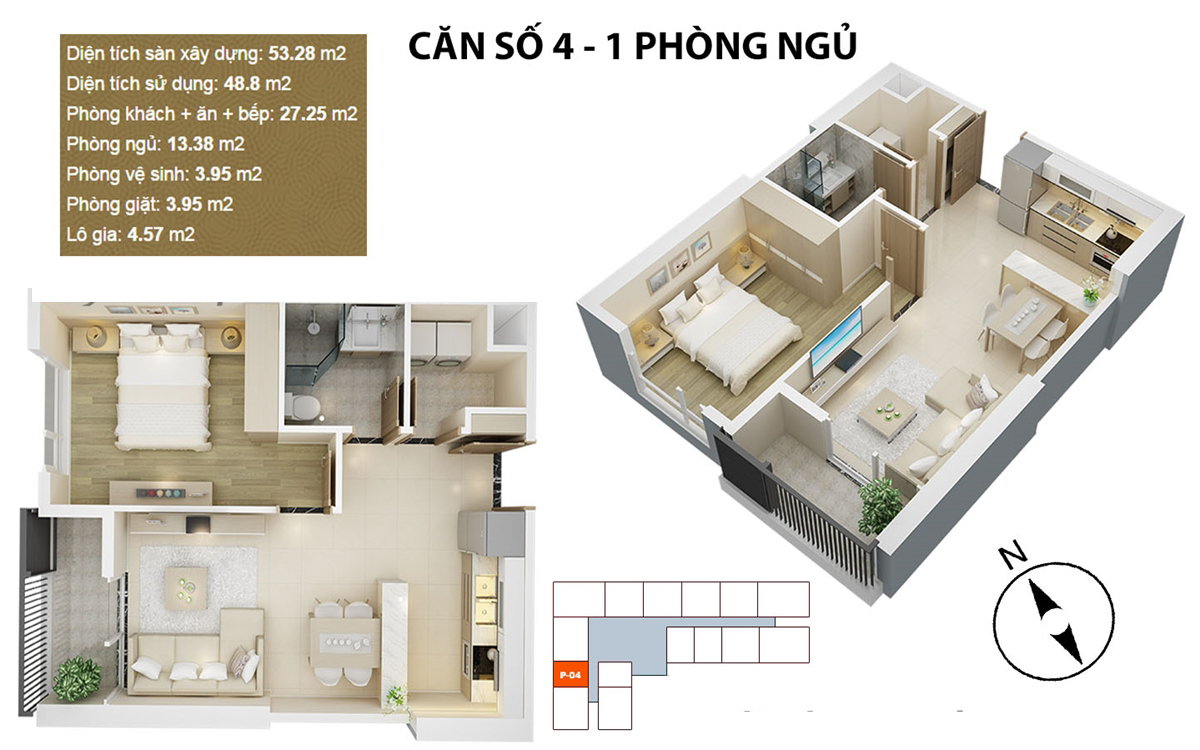 Căn hộ điển hình căn 4 - 1 PN chung cư Mỹ Đình Pearl