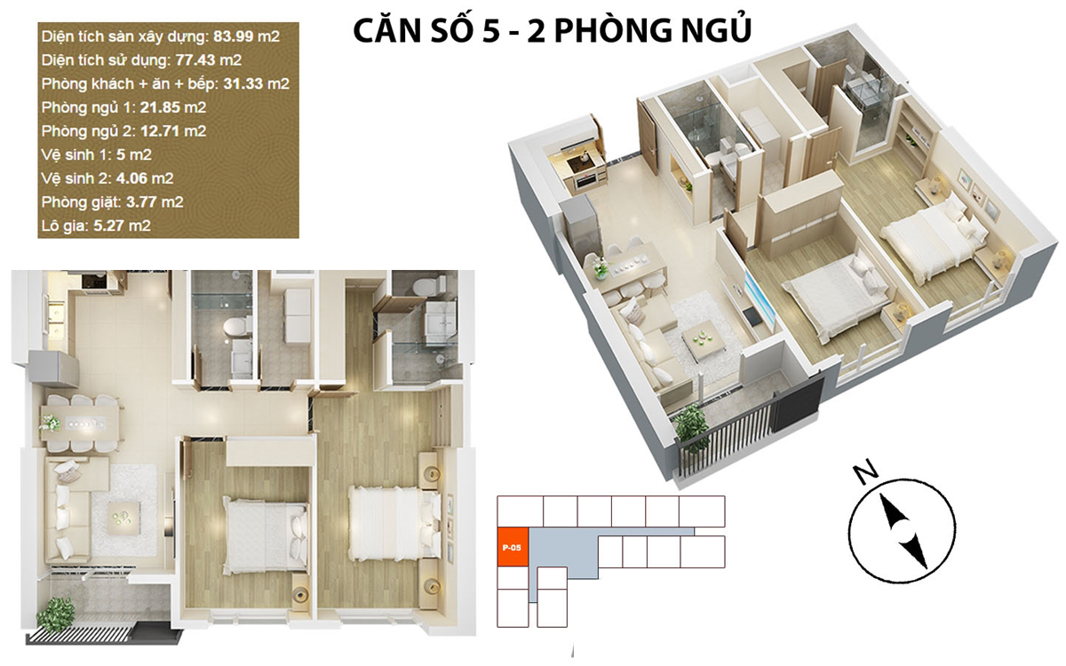 Căn hộ điển hình căn 5 - 2 PN chung cư Mỹ Đình Pearl