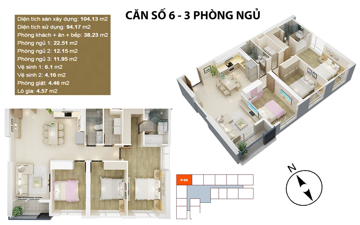 Căn hộ điển hình căn 6 - 3 PN chung cư Mỹ Đình Pearl