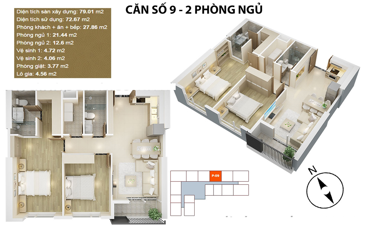 Căn hộ điển hình căn 9 - 2 PN chung cư Mỹ Đình Pearl